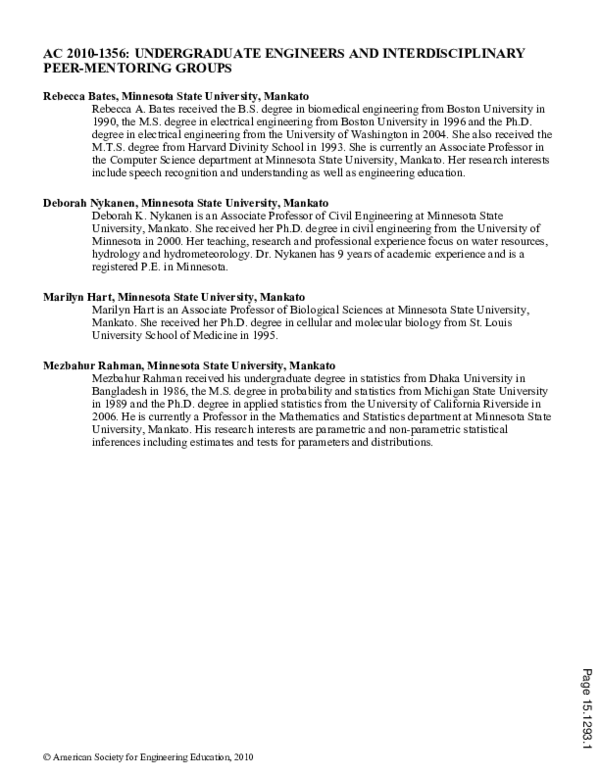 (PDF) Undergraduate Engineers And Interdisciplinary Peer Mentoring Groups