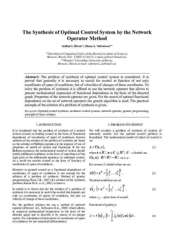 (PDF) The Synthesis of Optimal Control System by the Network Operator ...