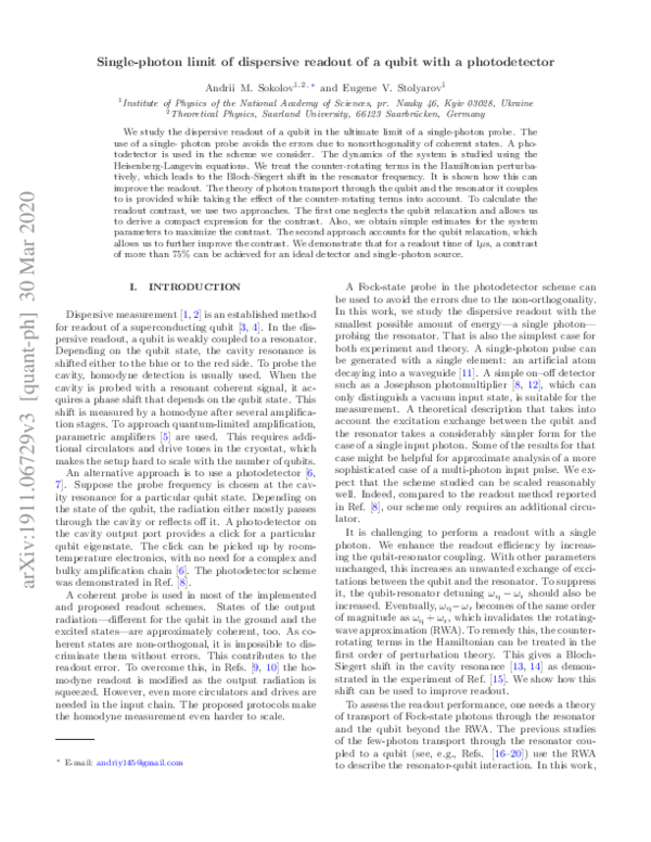 (PDF) Single-photon limit of dispersive readout of a qubit with a ...