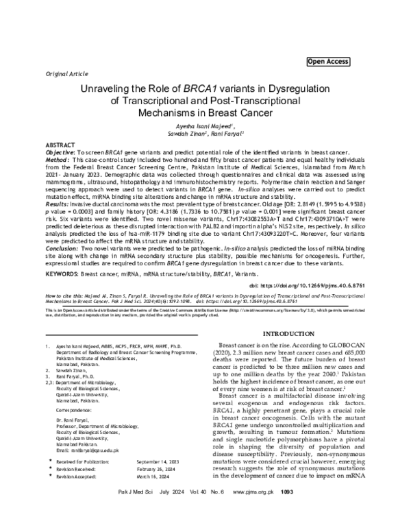 (PDF) Unraveling the Role of BRCA1 variants in Dysregulation of ...
