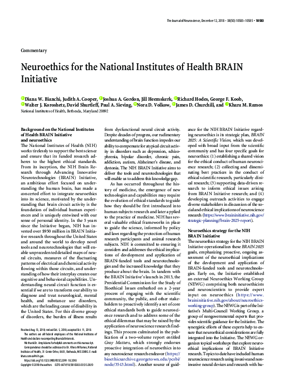 (PDF) Neuroethics for the National Institutes of Health BRAIN Initiative