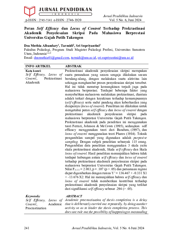 (PDF) Peran Self Efficacy dan Locus of Control Terhadap Prokrastinasi ...