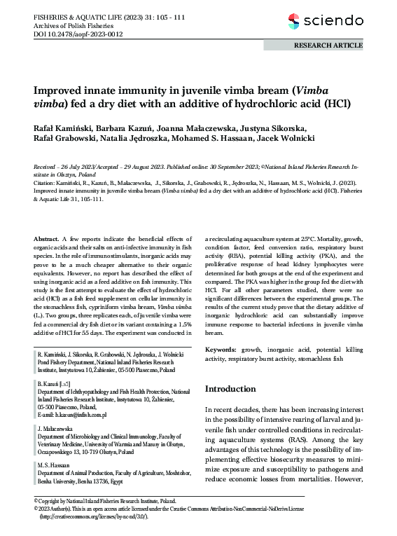 (PDF) Improved innate immunity in juvenile vimba bream ( Vimba vimba ...