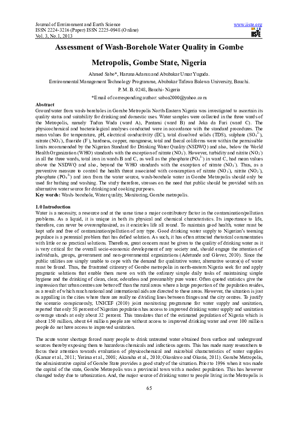 (PDF) Assessment of Wash-Borehole Water Quality in Gombe Metropolis ...