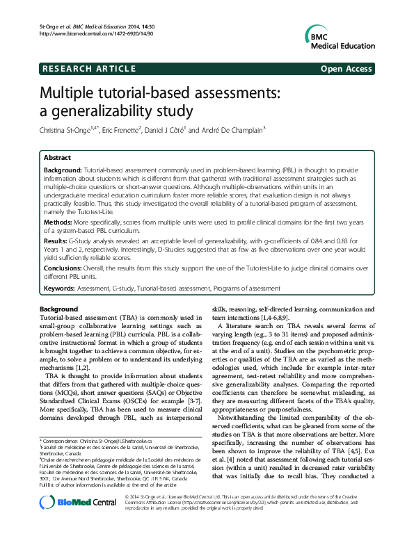 (PDF) Multiple tutorial-based assessments: a generalizability study
