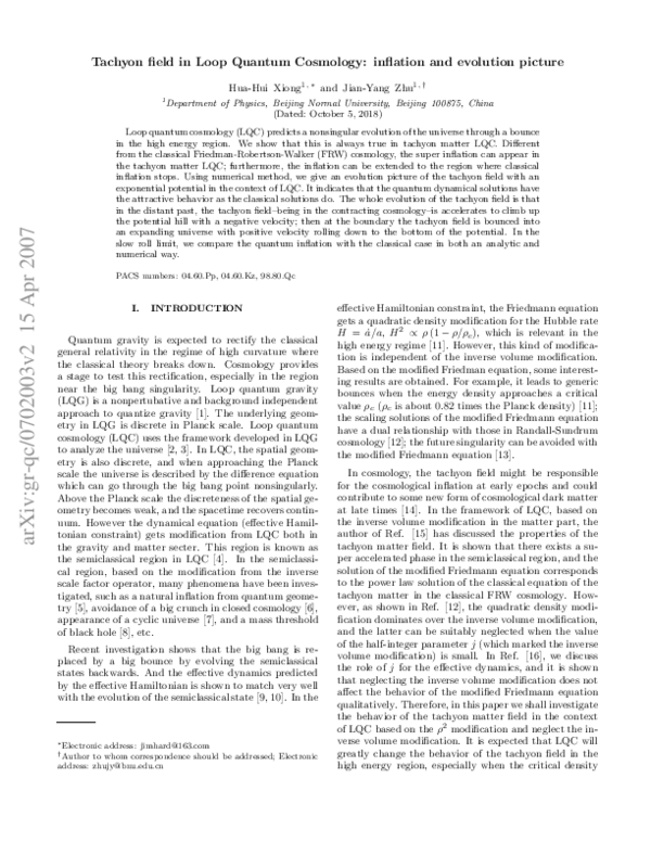 (PDF) Tachyon field in loop quantum cosmology: Inflation and evolution ...