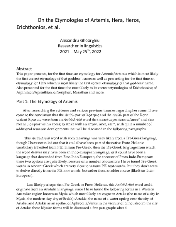 (PDF) On the etymologies of Artemis and Hera and Heros