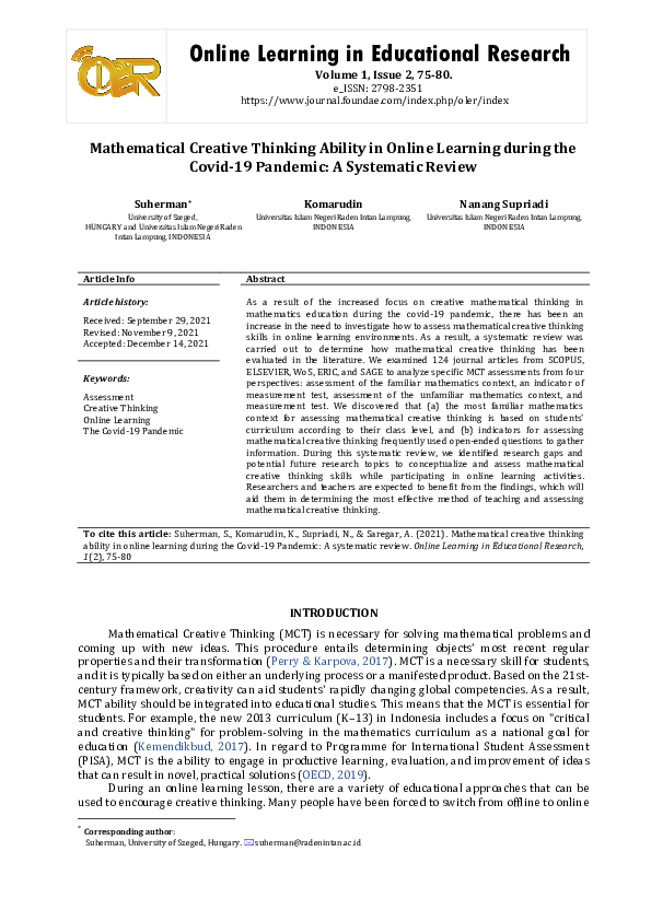 (PDF) Mathematical creative thinking ability in online learning during ...