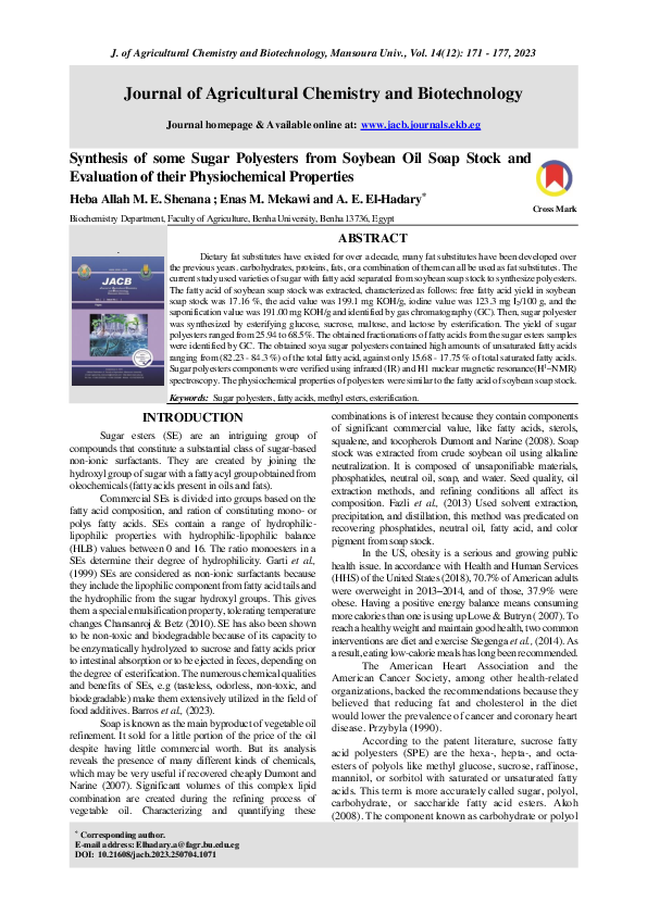 (PDF) Synthesis of some Sugar Polyesters from Soybean Oil Soap Stock ...