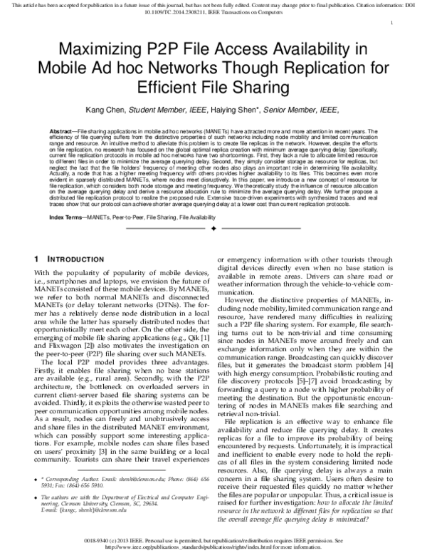 (PDF) Maximizing P2P File Access Availability in Mobile Ad Hoc Networks ...