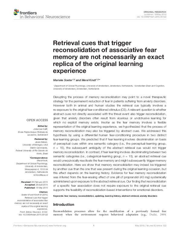 (PDF) Retrieval cues that trigger reconsolidation of associative fear ...