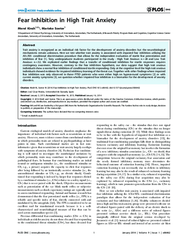 (PDF) Fear Inhibition in High Trait Anxiety