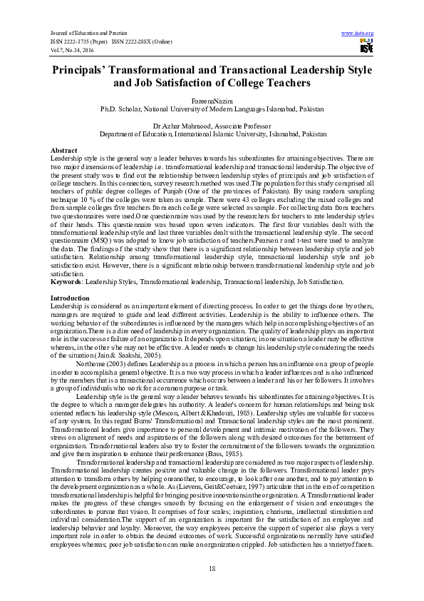 (PDF) Principals' Transformational and Transactional Leadership Style ...