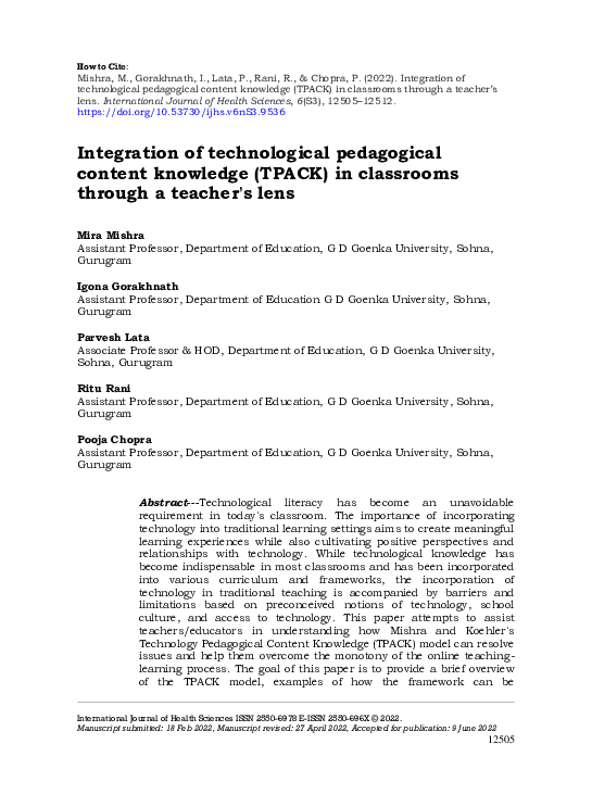 (PDF) Integration of technological pedagogical content knowledge (TPACK ...