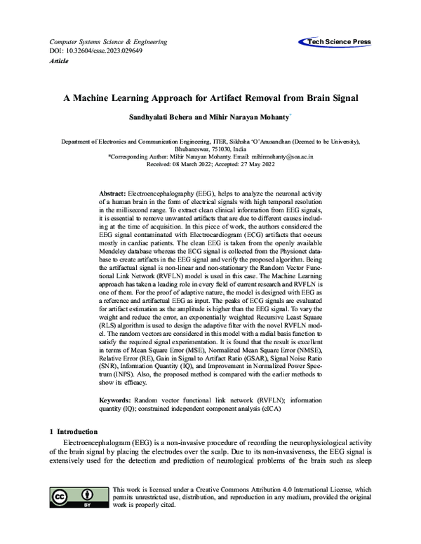 (PDF) A Machine Learning Approach for Artifact Removal from Brain Signal