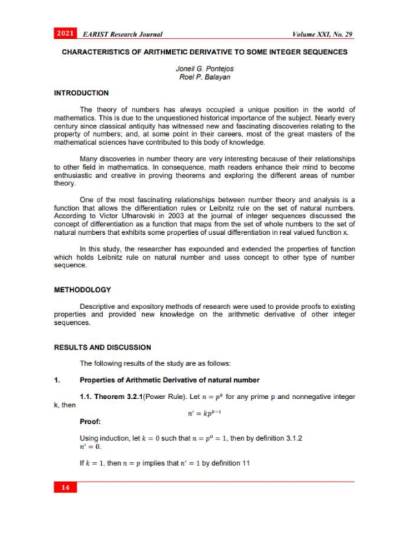 (PDF) CHARACTERISTICS OF ARITHMETIC DERIVATIVE TO SOME INTEGER SEQUENCES