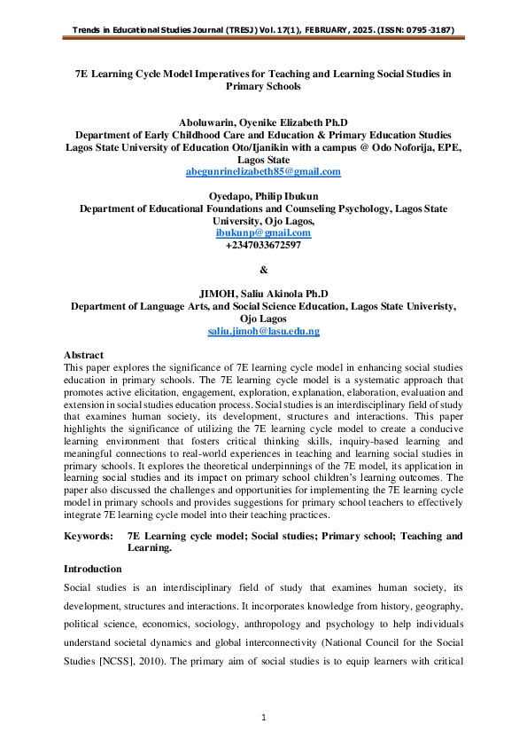 (PDF) 7E Learning Cycle Model Imperatives for Teaching and Learning ...
