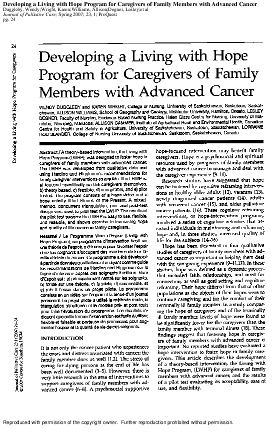 (PDF) Developing a Living with Hope Program for Caregivers of Family ...