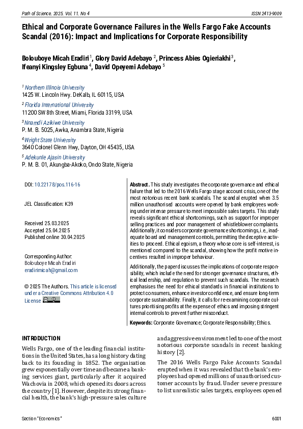 (PDF) Ethical and Corporate Governance Failures in the Wells Fargo Fake ...