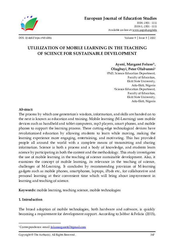 (PDF) UTLILIZATION OF MOBILE LEARNING IN THE TEACHING OF SCIENCE FOR ...