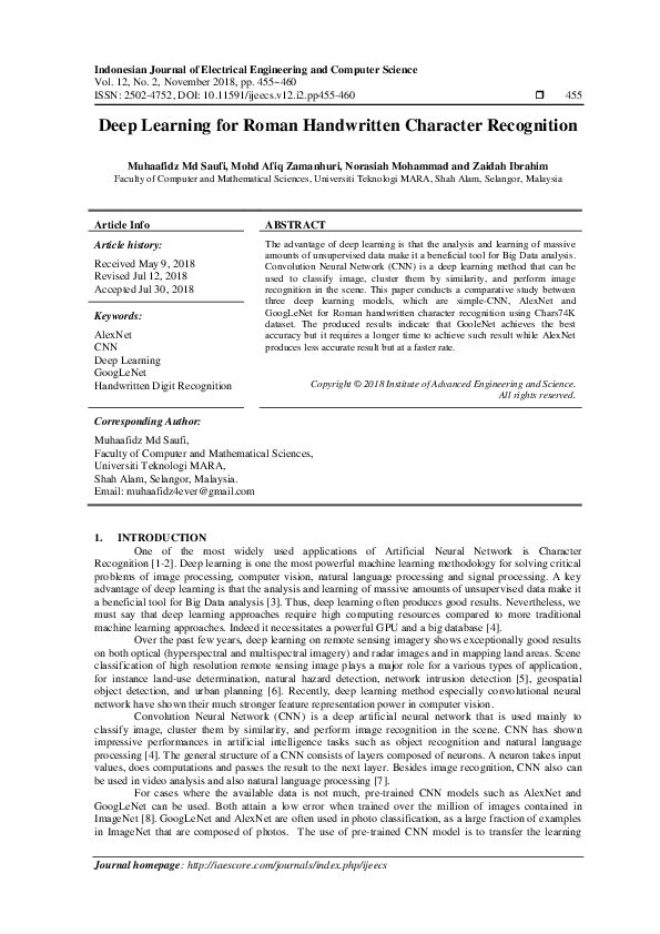 (PDF) Deep Learning for Roman Handwritten Character Recognition