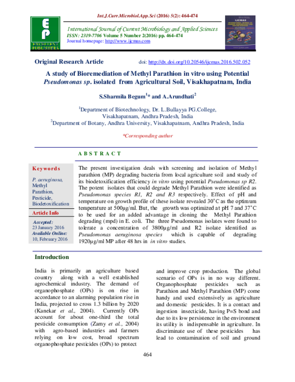 (PDF) A study of Bioremediation of Methyl Parathion in vitro using ...