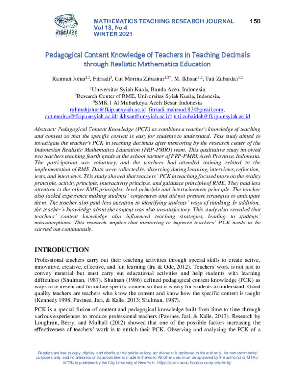 (PDF) Pedagogical Content Knowledge of Teachers in Teaching Decimals ...