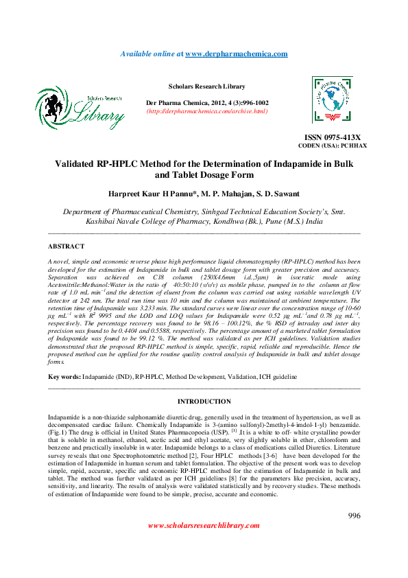(PDF) Validated RP-HPLC Method for the Determination of Indapamide in ...