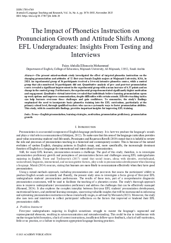 (PDF) The Impact of Phonetics Instruction on Pronunciation Growth and ...