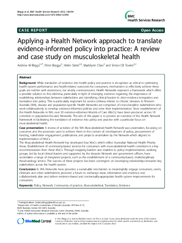 (PDF) Applying a Health Network approach to translate evidence-informed ...