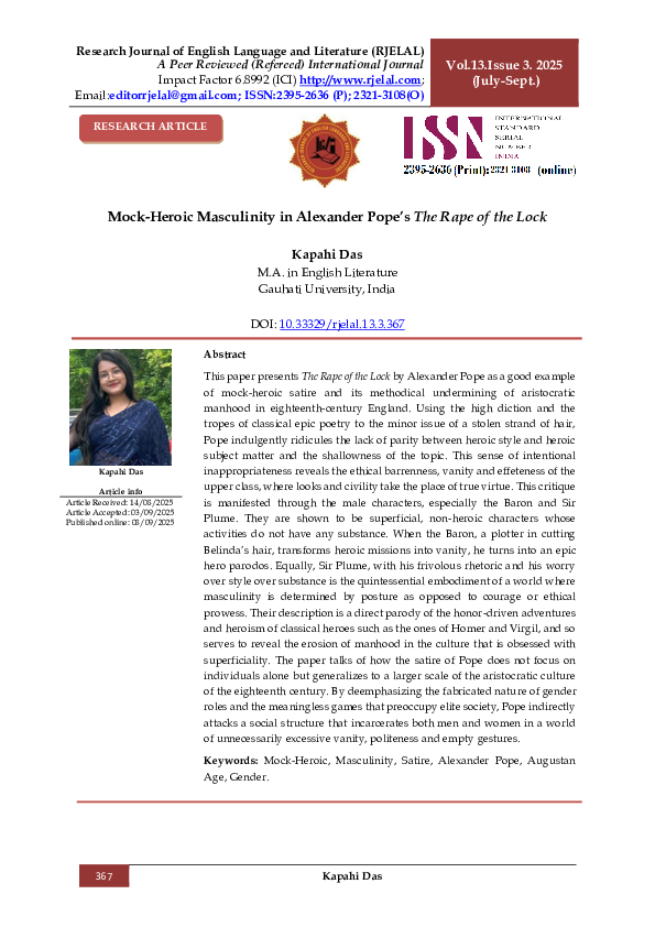 (PDF) Mock-Heroic Masculinity in Alexander Pope's The Rape of the Lock