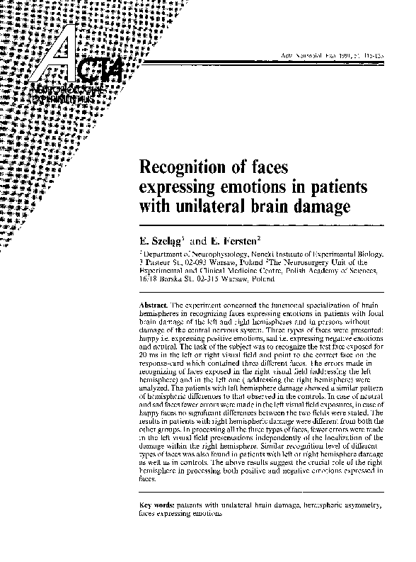 (PDF) Recognition of faces expressing emotions in patients with ...