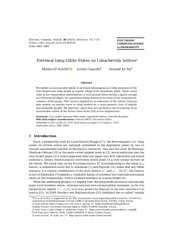 (PDF) Extremal Ising Gibbs States on Lobachevsky lattices