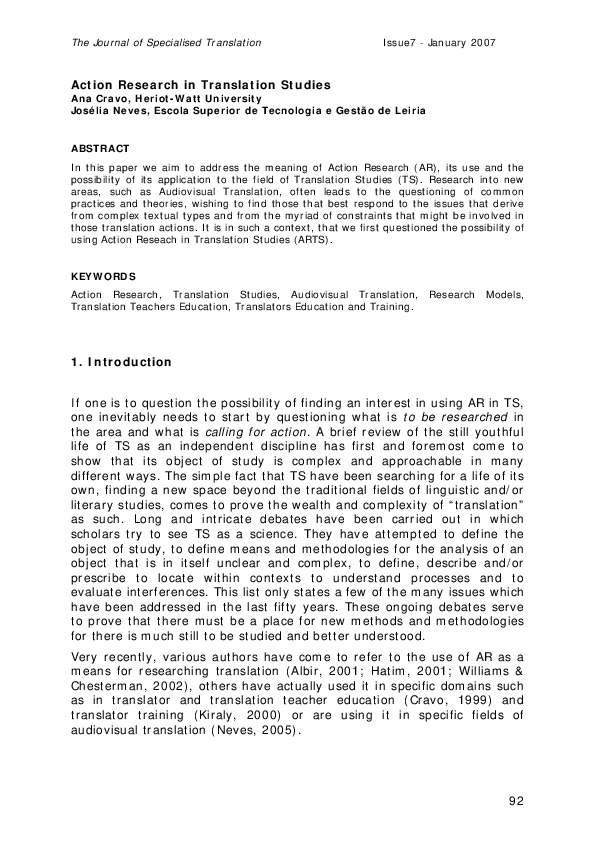 (PDF) Action research in translation studies