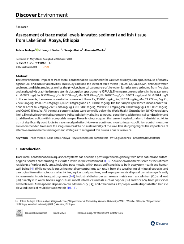 (PDF) Assessment of trace metal levels in water, sediment and fish ...