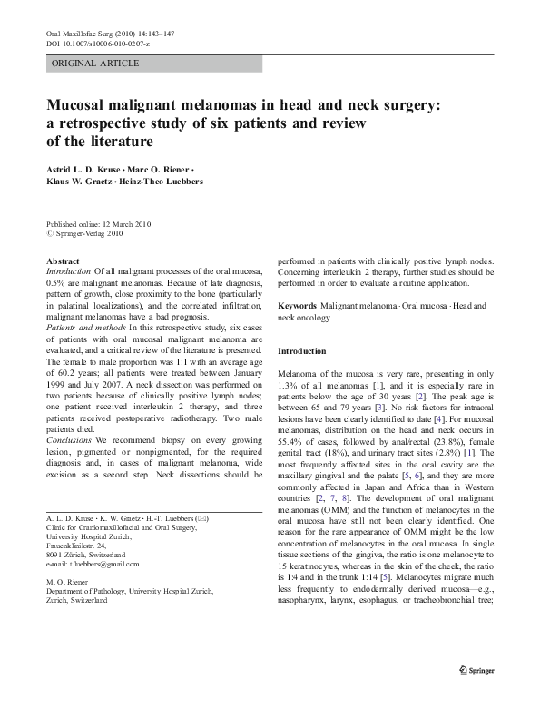 (PDF) Mucosal malignant melanomas in head and neck surgery: a ...
