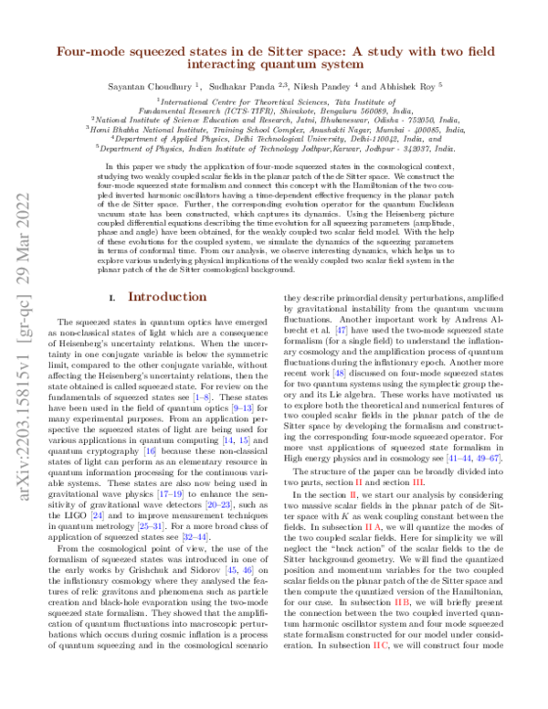 (PDF) Four‐mode Squeezed States in de Sitter Space: A Study With Two ...