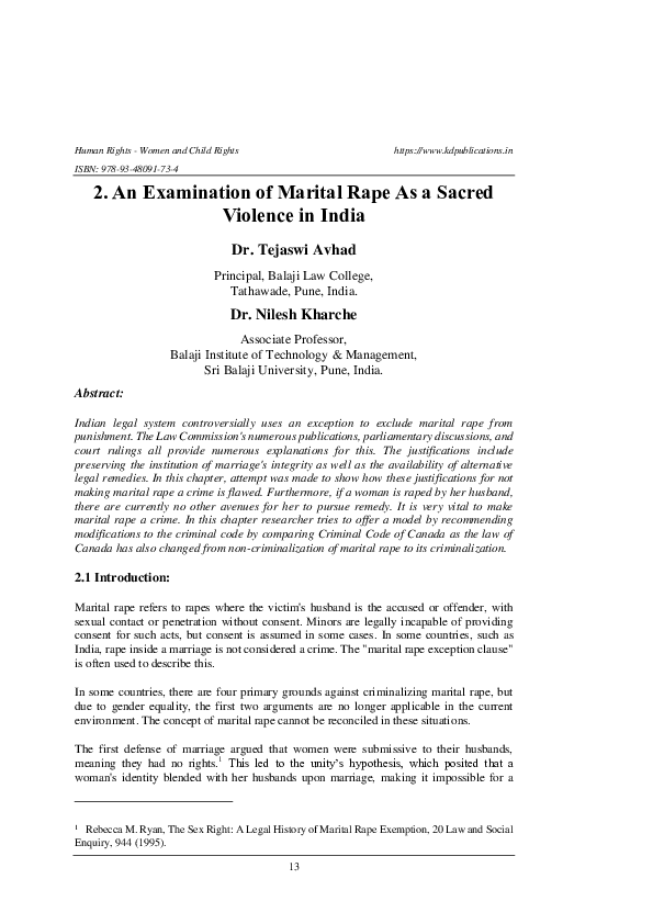 (PDF) An Examination of Marital Rape As a Sacred Violence in India