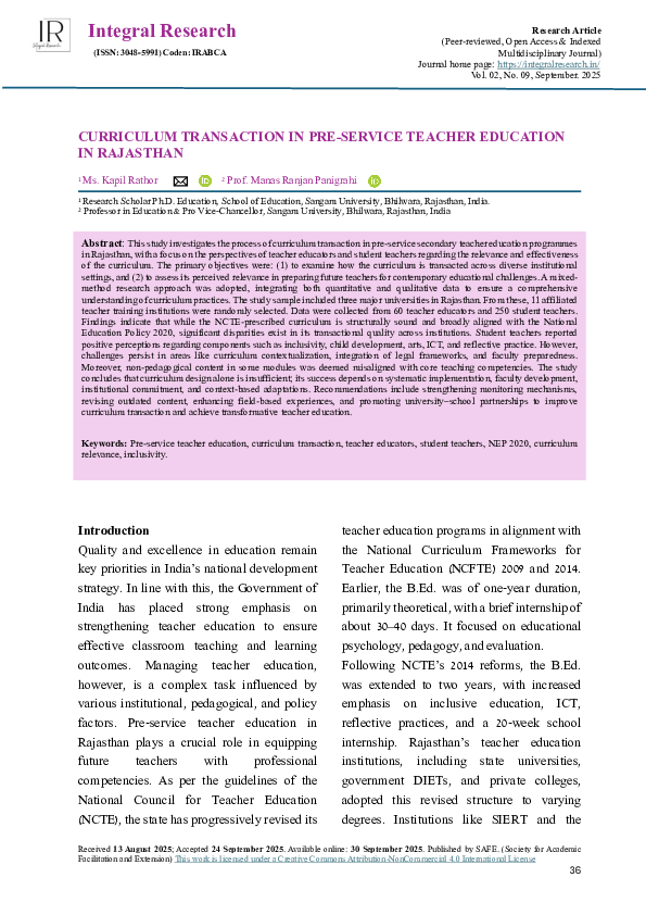 (PDF) Curriculum Transaction in Pre-Service Teacher Education in Rajasthan