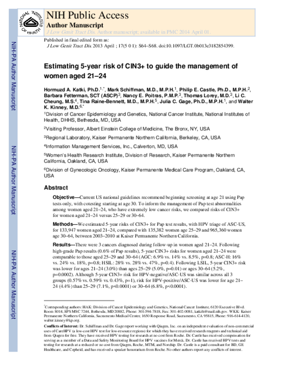 (PDF) Five-Year Risk of CIN 3+ to Guide the Management of Women Aged 21 ...