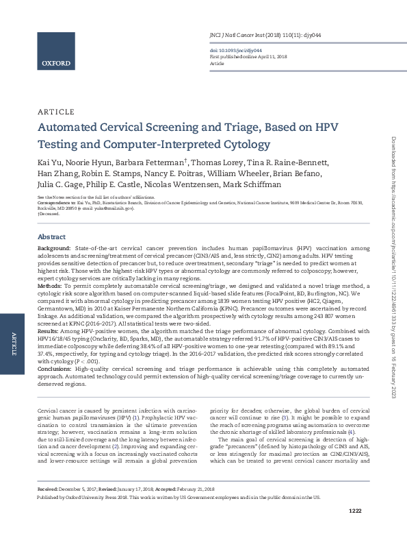 (PDF) Automated Cervical Screening and Triage, Based on HPV Testing and ...
