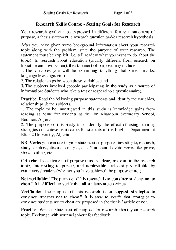 (PDF) Research Skills Course -Setting Goals for Research