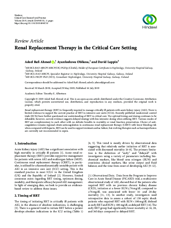 (PDF) Renal Replacement Therapy in the Critical Care Setting