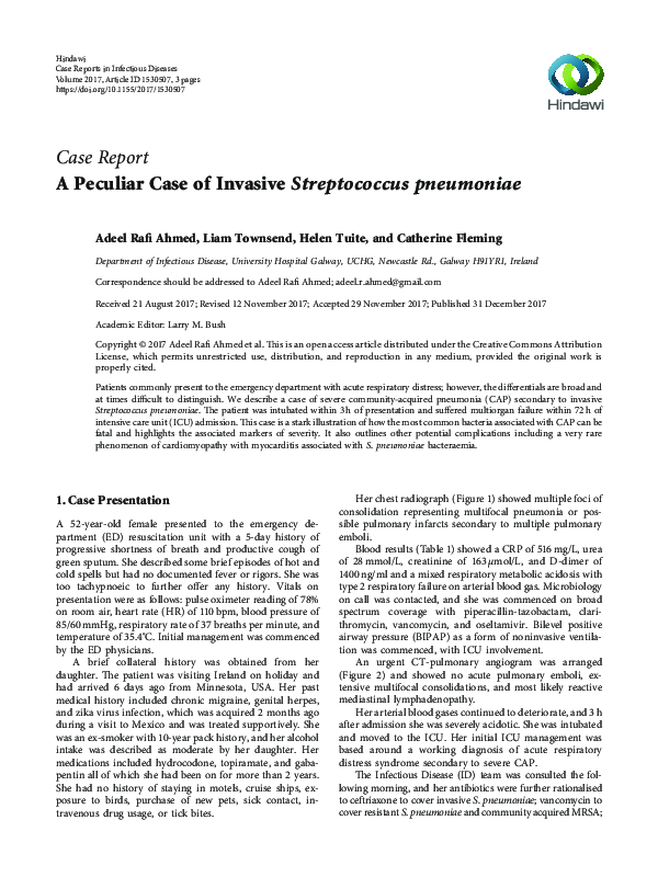 (PDF) A Peculiar Case of Invasive Streptococcus pneumoniae