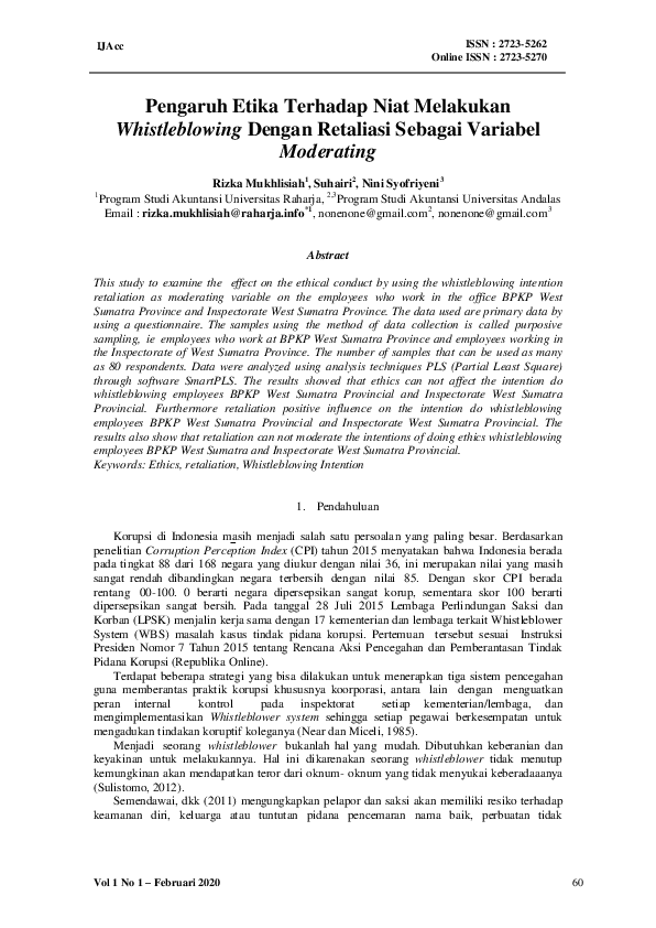 (PDF) Pengaruh Etika Terhadap Niat Melakukan Whistleblowing Dengan ...