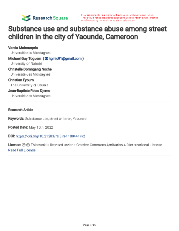 (PDF) Substance use among street children in the city of Yaounde, Cameroon