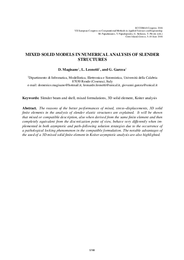 (PDF) Mixed Solid Models in Numerical Analysis of Slender Structures