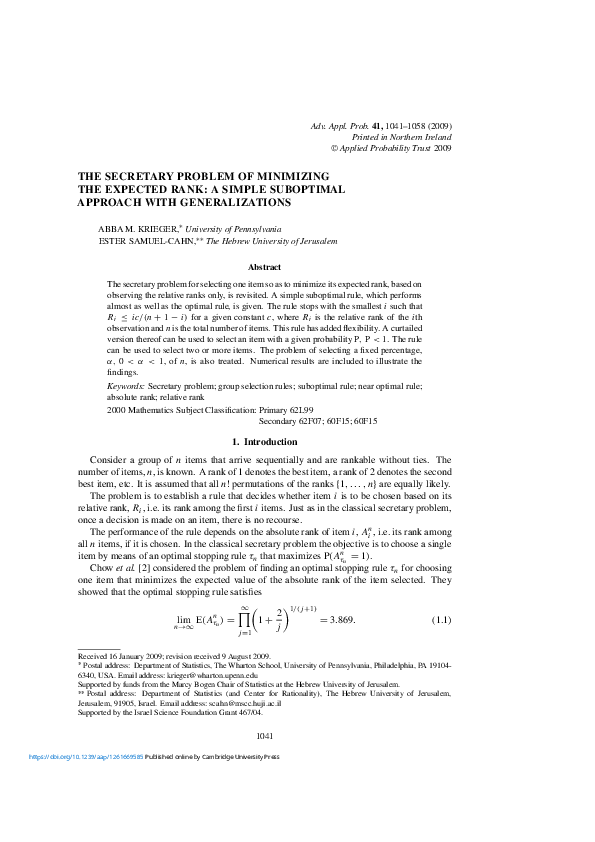 (PDF) The secretary problem of minimizing the expected rank: a simple ...