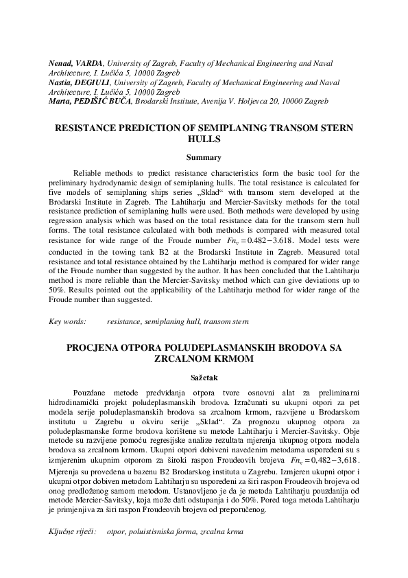 (PDF) Resistance prediction of semiplaning transom stern hulls