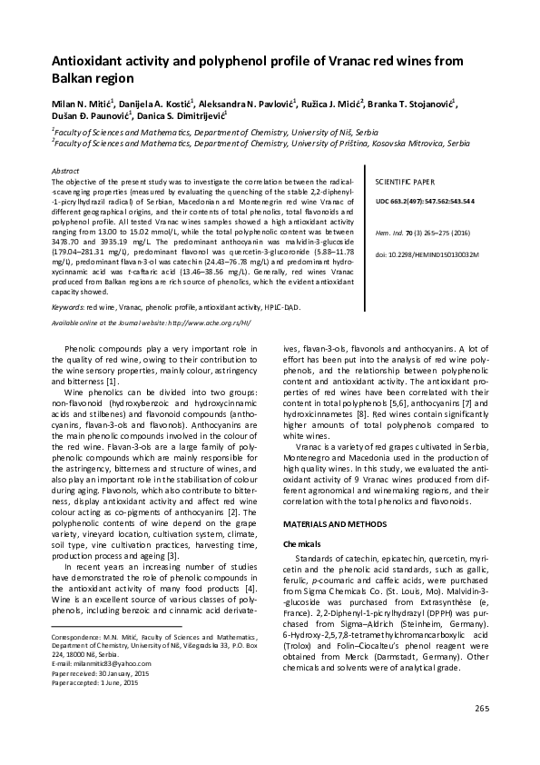 (PDF) Antioxidant activity and polyphenol profile of Vranac red wines ...